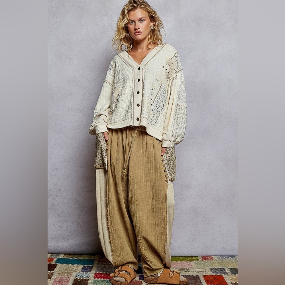 ⚡️ POL “ Cottage Charm “ Patchwork Cadigan Thermal Hoodie Cardigan | Cream - Picture 5 of 9